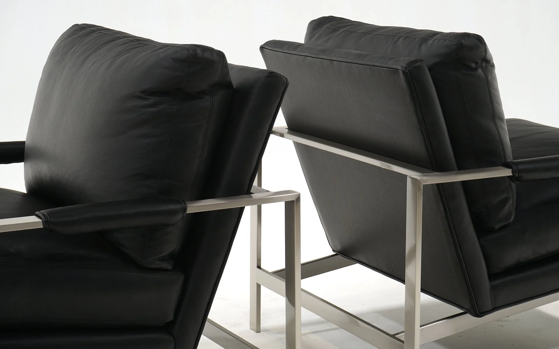 Pair of Milo Baughman Black Leather & Brushed Steel Lounge Chairs